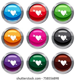 Heart with arrow set icon isolated on white. 9 icon collection vector illustration