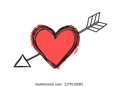 Heart and arrow shaped tangled grungy scribble hand drawn with thin line, with red hand painted heart, isolated on white background. Vector illustration
