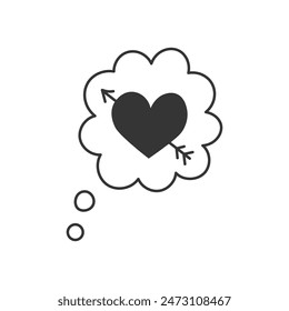 Corazón con flecha Speech Bubble Doodle. Nube cómica dibujada a mano con símbolo de caída y amor. Ilustración vectorial de esquema
