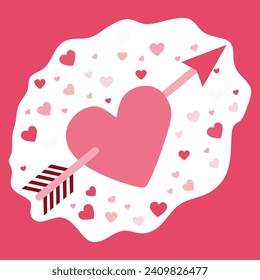 Heart and Arrow Sticker Object. Vector Art Design Cartoon Illustration Isolated On White Background. Heart pierced by an arrow. Pink romantic Symbol for Valentine Day Card, Love Poster.