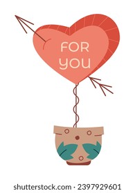 Heart with an arrow and a text for Valentine's Day in a pot. Flat color vector illustration.
