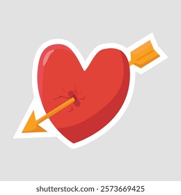 Heart with Arrow Valentine Sticker. Cute vector illustration of a heart pierced by an arrow, perfect for Valentine's Day. Ideal for greeting cards, social media, and romantic designs