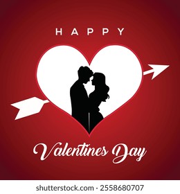 Heart and Arrow Valentine's Day Background, Valentine's Day Red Heart Illustration, Silhouette Couple in Heart Valentine's, poster, social media post, card

