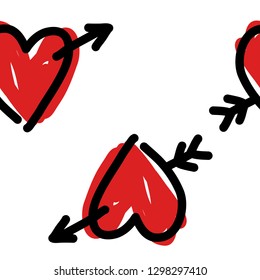 Heart with arrow. Valentine's Day and Love. Hand-drawn vector illustration. Seamless pattern. Print for t-shirt and bags. Sticker for social media content. Doodle. Icon.