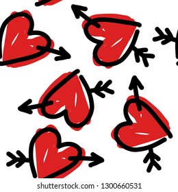 Heart with arrow. Valentine's Day and Love. Hand-drawn vector illustration. Seamless pattern. Print for t-shirt and bags. Sticker for social media content. Doodle. Icon.