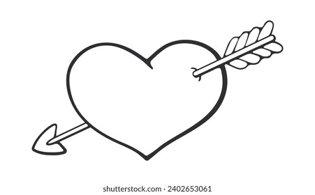 Heart with arrow. Valentine's Day symbol. I love you. Vector illustration. Hand drawn Doodle. Design element Isolated on white background. Simple outline drawing in sketch style