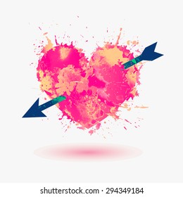 Heart with arrow. Vector watercolor splash illustration. Fall in love. Valentine's Day Card 