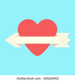 heart and arrow-ribbon icon. isolated on blue background. flat design modern vector illustration
