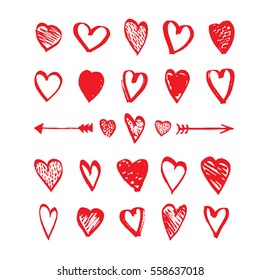 Heart and arrows icons hand drawn set in doodle style. Sketchy design elements for Valentine's day or wedding. Red love symbols isolated on white. Vector eps8 illustration.