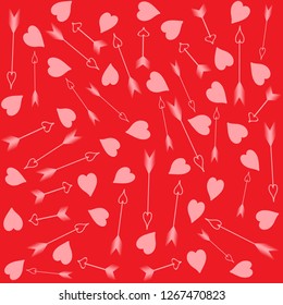 Heart and arrows. On a red background are pink hearts and arrows. Texture. Valentine's Day. Vector image.