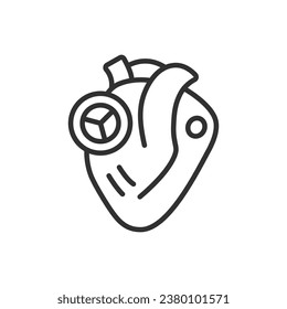 The heart with an artificial valve, linear icon. Cardiovascular surgery. Implantation. Prosthetics. Line with editable stroke