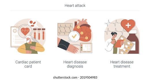 Heart Attack Abstract Concept Vector Illustration Set. Cardiac Patient Card, Heart Disease Diagnosis And Treatment, Blood Test, Hospital Care, Heartbeat Rate And Chest Pain Abstract Metaphor.