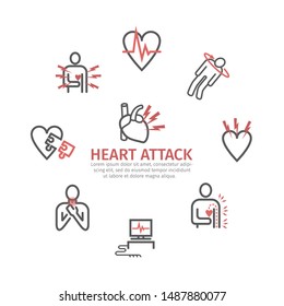 Heart Attack banner, line icons. Symptoms, Treatment. Vector signs for web graphics.
