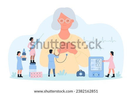 Heart attack, cardiology vector illustration. Cartoon tiny doctors measure blood pressure of old woman with symptoms of cardiac disease, characters help grandmother with chest pain and hypertension