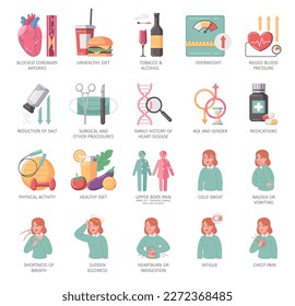 Iconos de caricatura de ataque cardíaco con enfermos y símbolos cardio desease ilustraciones vectoriales aisladas