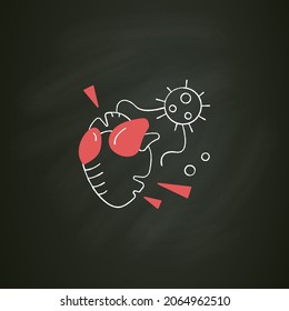 Heart attack chalk icon. Covid molecule causing heart failure. Concept of corona virus cardio health effect and frequent death cause. Isolated vector illustration on chalkboard