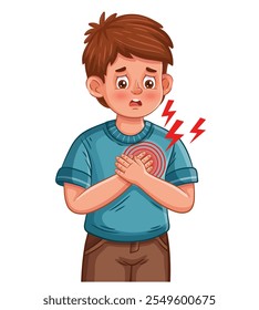 Ataque cardíaco, dolor de pecho, dolor de corazón, latidos del corazón. Hombre enfermo que sufre daño cardíaco, problema de respiración pulmonar. Enfermedad cardiovascular, asma, síntoma de neumonía. Medicina cardiológica. Atención de salud. Vector