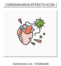 Heart attack color icon. Covid molecule causing heart failure. Concept of corona virus cardio health effect and frequent death cause.Isolated vector illustration