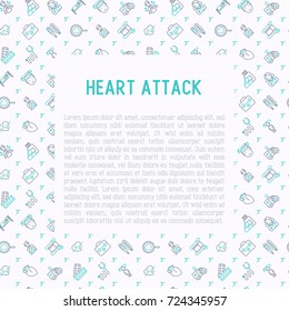 Heart attack concept with thin line icons of symptoms and treatments. Modern vector illustration for medical report or survey, banner, web page, print media with place for text.