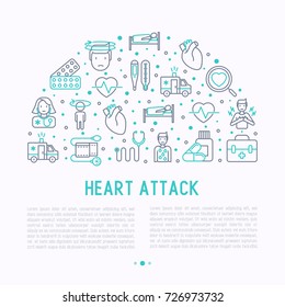 Heart attack concept with thin line icons of symptoms and treatments. Modern vector illustration for medical report or survey, banner, web page, print media with place for text.