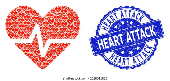 Heart Attack dirty round seal imitation and vector recursive mosaic heart pulse. Blue seal contains Heart Attack caption inside round shape.