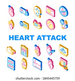 Heart Attack Disease Collection Icons Set Vector. Heart Human Organ And Rhythm, Ultrasound Medical Equipment And Ambulance Car, Isometric Sign Color Illustrations