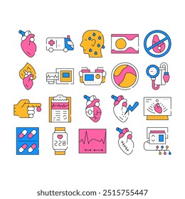 Heart Attack Disease Collection Icons Set Vector. Heart Human Organ And Rhythm, Ultrasound Medical Equipment And Ambulance Car, Concept Linear Pictograms. color Contour Illustrations