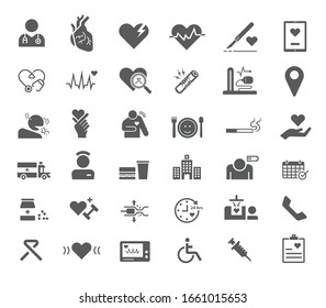 Heart Attack, Heart Failure, Heart Problem Medical Care Service Icon Set, Flat Design