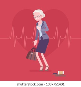 Heart attack female symptoms. Senior woman has a sudden great pain, aching sensation in chest, serious medical emergency case, cardiogram pulse background. Medicine and healthcare. Vector illustration