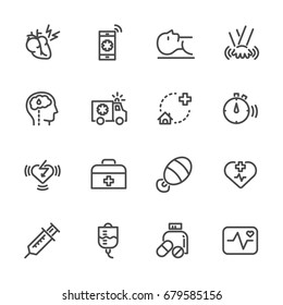 Heart attack first aid, Healthcare and medical icons set. Vector line icons