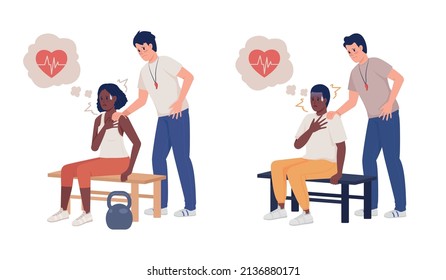 Heart attack at gymnasium semi flat color vector characters set. Posing figures. Full body people on white. Supportive coach simple cartoon style illustration for web graphic design and animation