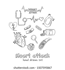 Heart attack hand drawn doodle set. Vector illustration. Isolated elements on white background. Symbol collection.