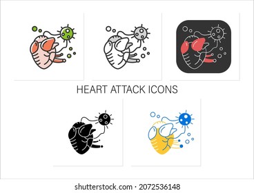 Heart attack icons set. Covid molecule causing heart failure.Corona virus cardio health effect and frequent death cause.Collection of icons in linear, filled, olor styles.Isolated vector illustrations