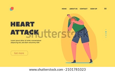 Heart Attack Landing Page Template. Symptom of Cardiology Disease Concept. Male Character Holding Breast, Man Suffer of Pain in Chest, Heart Infarct, Arrhythmia. Cartoon People Vector Illustration