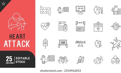  Heart attack line editable icon set. cardiology, doctor, nurse, insurance thin modern style vector illustration.
