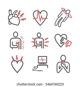 Heart Attack line icons. Symptoms, Treatment. Vector signs for web graphics.
