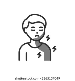 Heart attack, linear icon. Pain in the left side of the body. Sign of myocardial infarction. Heart disease. Person feels pain in the neck, chin, scapula, arm. Line with editable stroke