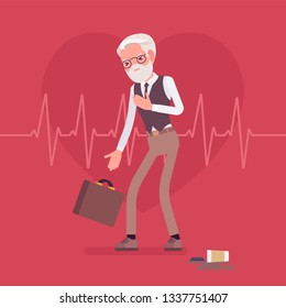 Heart attack male symptoms. Senior man has a sudden great pain, aching sensation in chest, serious medical emergency case, cardiogram pulse background. Medicine and healthcare. Vector illustration