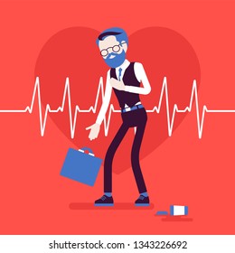 Heart attack male symptoms. Senior man has a sudden great pain, aching sensation in chest, medical emergency case, cardiogram pulse. Medicine and healthcare. Vector illustration, faceless characters