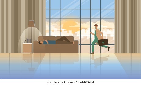 Herzinfarkt einen Mann mit Brustschmerzen, der allein auf dem Sofa zu Hause liegt. Plötzlich rennt der Arzt auf einen kranken Patienten der ersten Hilfe. Medizinischer Notfall bei früherem Morgensonnenaufgang. Karriere der Arbeit hart und Verantwortung.
