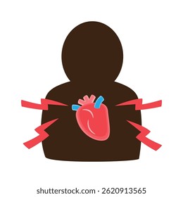 Hartaanval of myocardinfarct of coronaire hartziekte. Silhouet menselijke schaduw en hart. Betekenis van hartziekte. Vlak ontwerp. Vector.