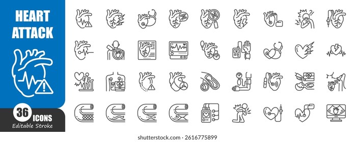 Heart attack . Myocardial infarction . Medical outline icon . Editable stroke . Vector .