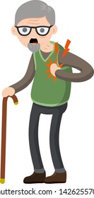 Heart attack. Old man health. cardiac failure of senior. The stroke symbol. The character holds his hand to his chest. Sore spot and pain. Cartoon flat illustration. Problems and disease