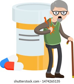 Heart attack. Old man health. cardiac failure of senior. Character hold hand to chest. Sore spot and pain. Cartoon flat illustration. Problems and disease. Pill and drug is packaged