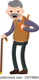 Heart attack. Old man health. cardiac failure of senior. character holds his hand to chest. Cartoon flat illustration. Problems and disease. Sore spot and pain