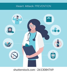 Heart attack prevention infographic, poster template. Doctor cardiologist talking about disease prevention factors. Health care concept. flat vector illustration