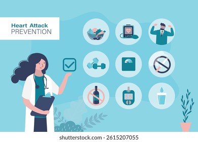 Heart attack prevention infographic, poster template. Doctor cardiologist talking about disease prevention factors. Fitness, refuse bad habits. Health care concept. flat vector illustration