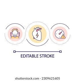 Icono de concepto de bucle de prevención de ataques cardíacos. Enfermedad cardiovascular. Ilustración de línea delgada de la idea abstracta del servicio de atención de la salud. Dibujo de contorno aislado. Trazo editable. Tipo de letra arial utilizado