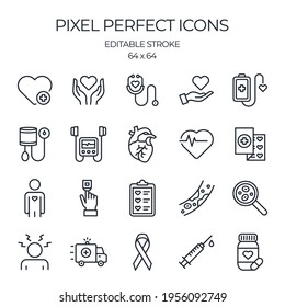 Heart attack related editable stroke outline icons set isolated on white background flat vector illustration. Pixel perfect. 64 x 64.