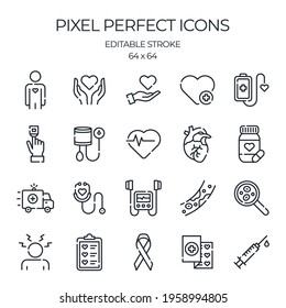 Heart attack related editable stroke outline icons set isolated on white background flat vector illustration. Pixel perfect. 64 x 64.
